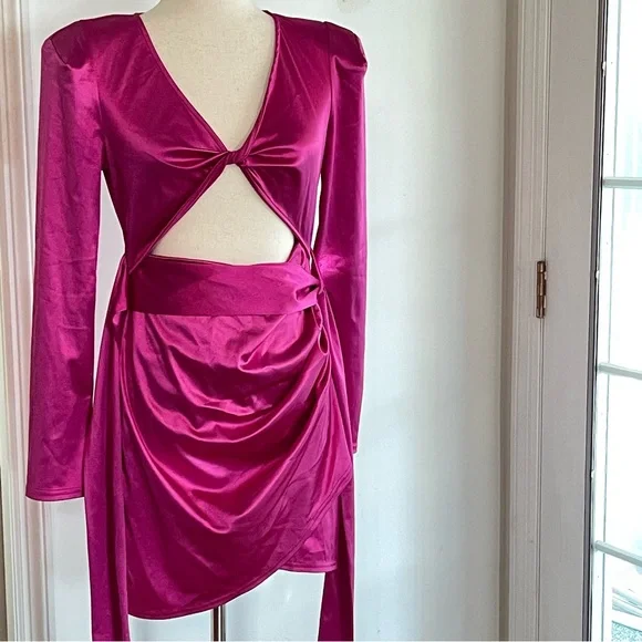 Kript Barbie Things Satin Vibrant Pink Cutout Dress - Picture 2 of 10